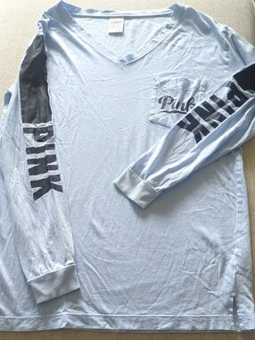 PINK Victoria's Secret Light Blue Long Sleeve V-Neck Pocket Tee with Sleeve Logo